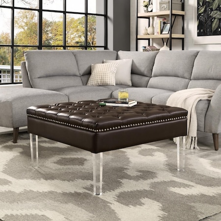 Posh Living Luke PU Leather Oversized Tufted, Silver Nailhead Trim Clear Legs Ottoman Coffee Table-Espresso ON16-01EO-UE